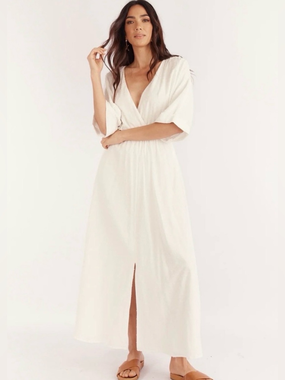 White V-Neck Maxi Dress with Gathered Waist
